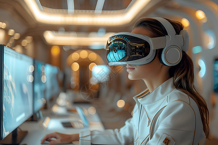 科技女性VR眼镜办公背景