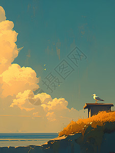 小屋建筑大海边的海鸥插画