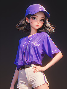 时尚紫色棒球少女的微笑插画