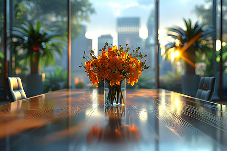 玻璃会议室会议桌上的花瓶背景