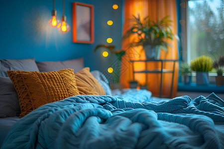 手绘盆栽绿植卧室里的枕头背景