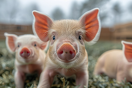 可爱的三只小猪在草地上背景图片