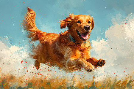 草地上的金毛草地上飞翻的金毛猎犬插画