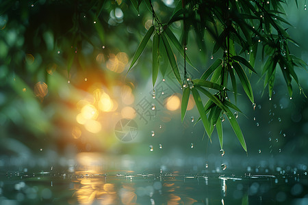 下雨雨滴效果湖面上的竹林背景