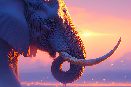 象牙芒落日下的大象插画