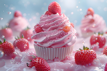 奶油蛋糕上的草莓高清图片