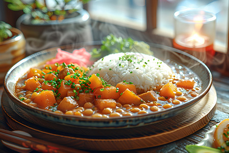 米饭热气一盘冒着热气的咖喱饭背景