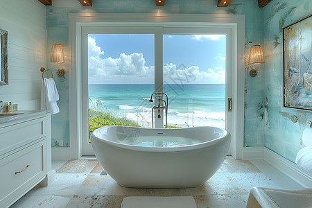 浴室落地窗海滨别墅里的豪华浴缸背景