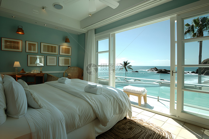 海边卧室里的大床图片