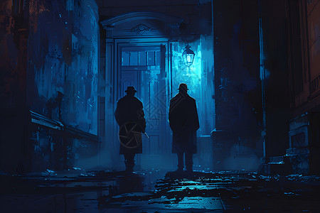 黑暗背景暗巷中的两个男人插画