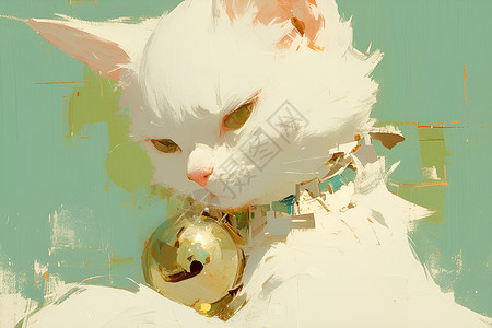 绿色铃铛饰品可爱的白猫插画