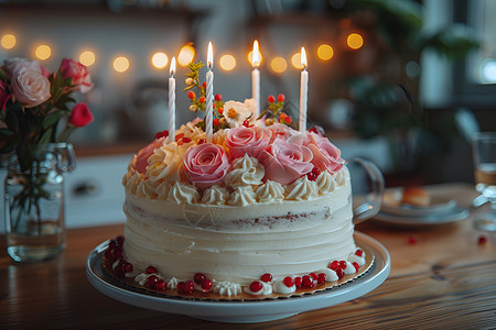 国庆节装饰蛋糕点着蜡烛的生日蛋糕背景