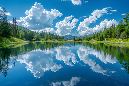 森林美景湖泊倒映天空美景背景