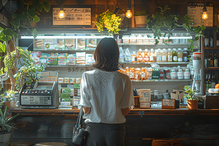 冰凌淋女孩店铺收银台前的女孩背景