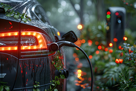 电动吊篮雨中的电动汽车背景