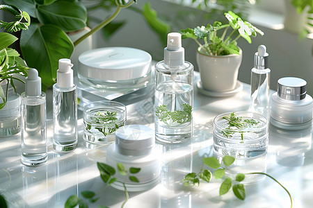 透明纬度多种化妆品瓶和植物背景