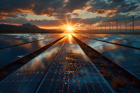 电池能源夕阳下的太阳能板背景