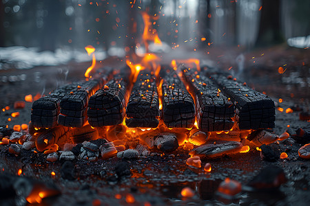 火焰喷射焦黑燃扰的木炭背景