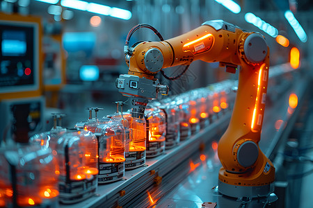 数字化呈现自动化装配工厂机器人臂背景