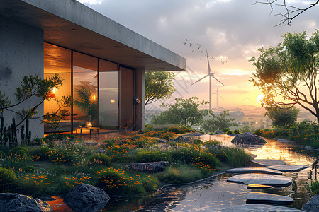 夕阳下的混合能源之家背景图片