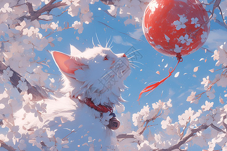红樱花猫咪与飘飞的红气球插画