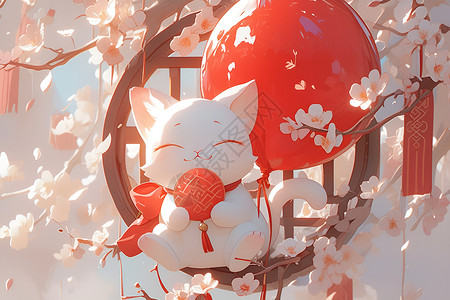 猫咪在樱花树下拥抱红色气球背景图片