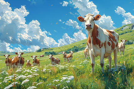 内蒙古牛群牧场里的牛群插画