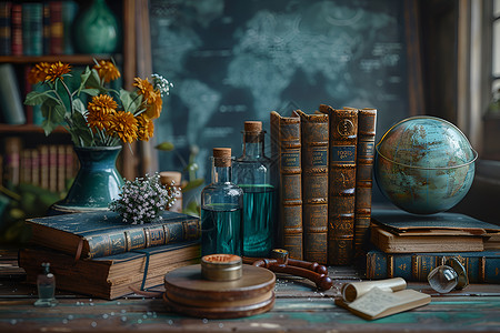 木桌上的书籍背景图片