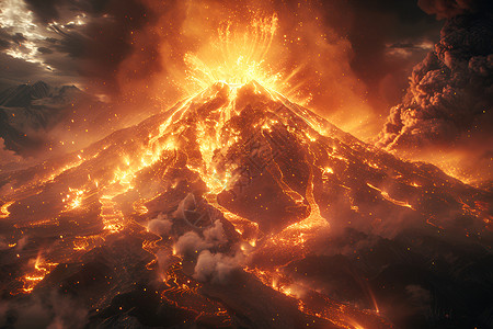 岩浆喷发展示的火山爆发插画