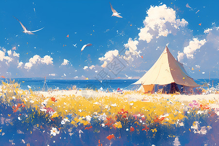 花海中的帐篷背景图片