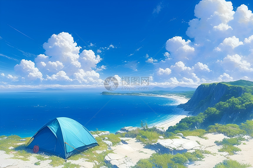 海边的帐篷插画图片