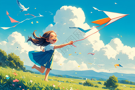 放风筝的小女孩小女孩在草地上放风筝插画