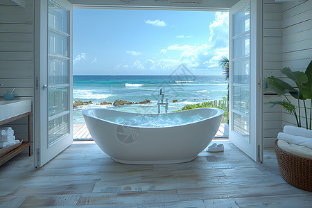 浴室海景白色独立浴缸背景