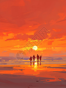 夕阳下一家人海边的一家人插画