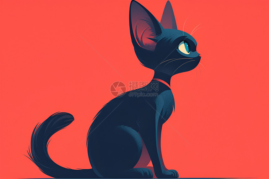 黑色的小猫在红色背景上图片