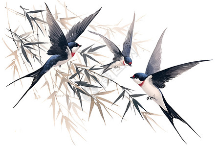 三只燕子飞舞在绿柳下背景图片