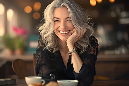 咖啡馆内开心的女人背景图片