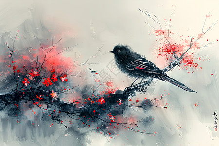 墨迹抽象花朵鸟儿栖息于树枝上插画
