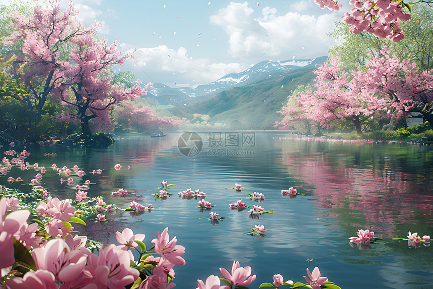 樱花映衬下的池塘图片