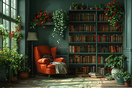 大红地毯书房的椅子插画