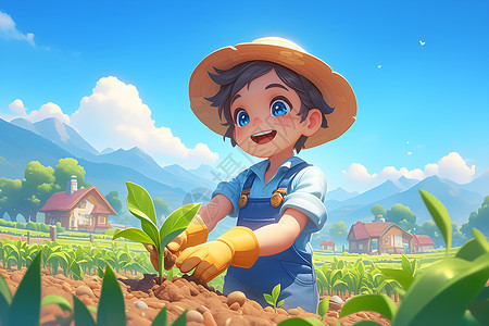 叶子素材树苗特写小男孩在稻田里种植插画