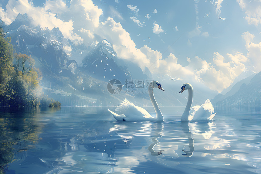 湖泊的两只天鹅图片