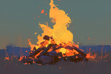 木炭炭火夜空下的火堆插画