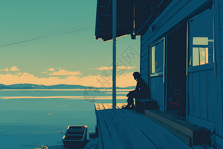 夕阳海边素材海边静坐的人物插画