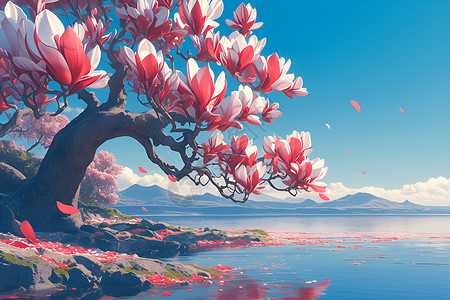 浦江美景美丽的花朵和美景插画