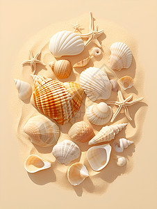 砂粒贝壳环绕下的沙滩艺术插画
