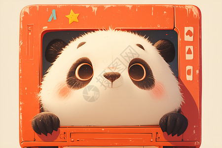 电视开机看电视的可爱熊猫插画