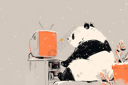 电视样机认真看电视的熊猫插画