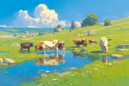 和谐共存的牛群插画