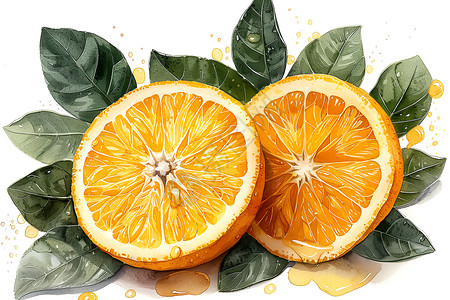 半个柠檬果半个橙子和绿叶插画